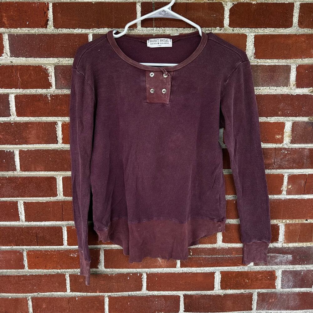 Project Social T Waffle Knit Long Sleeve Henley Top Maroon Small